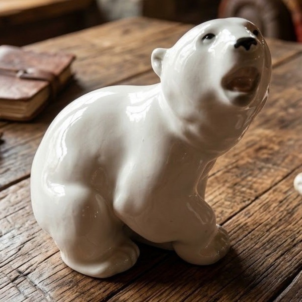 Vintage White Ceramic Polar Bear Figurine Glossy Crackle Glaze Mid Century Decor